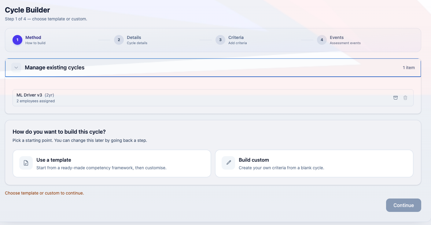Cycle Builder step one: choose a template or build a custom competency cycle