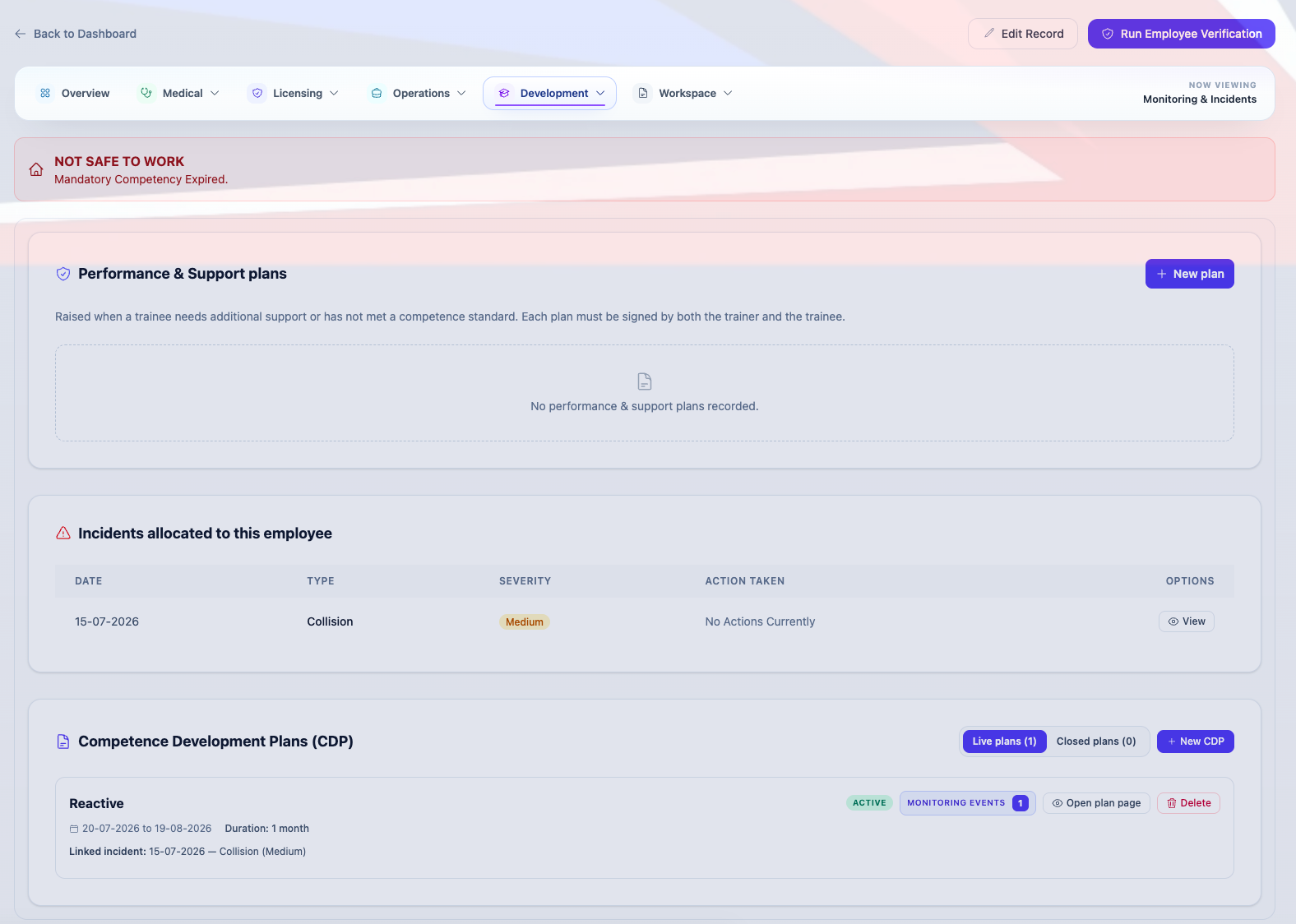 Monitoring and incidents view with allocated incidents and competence development plans