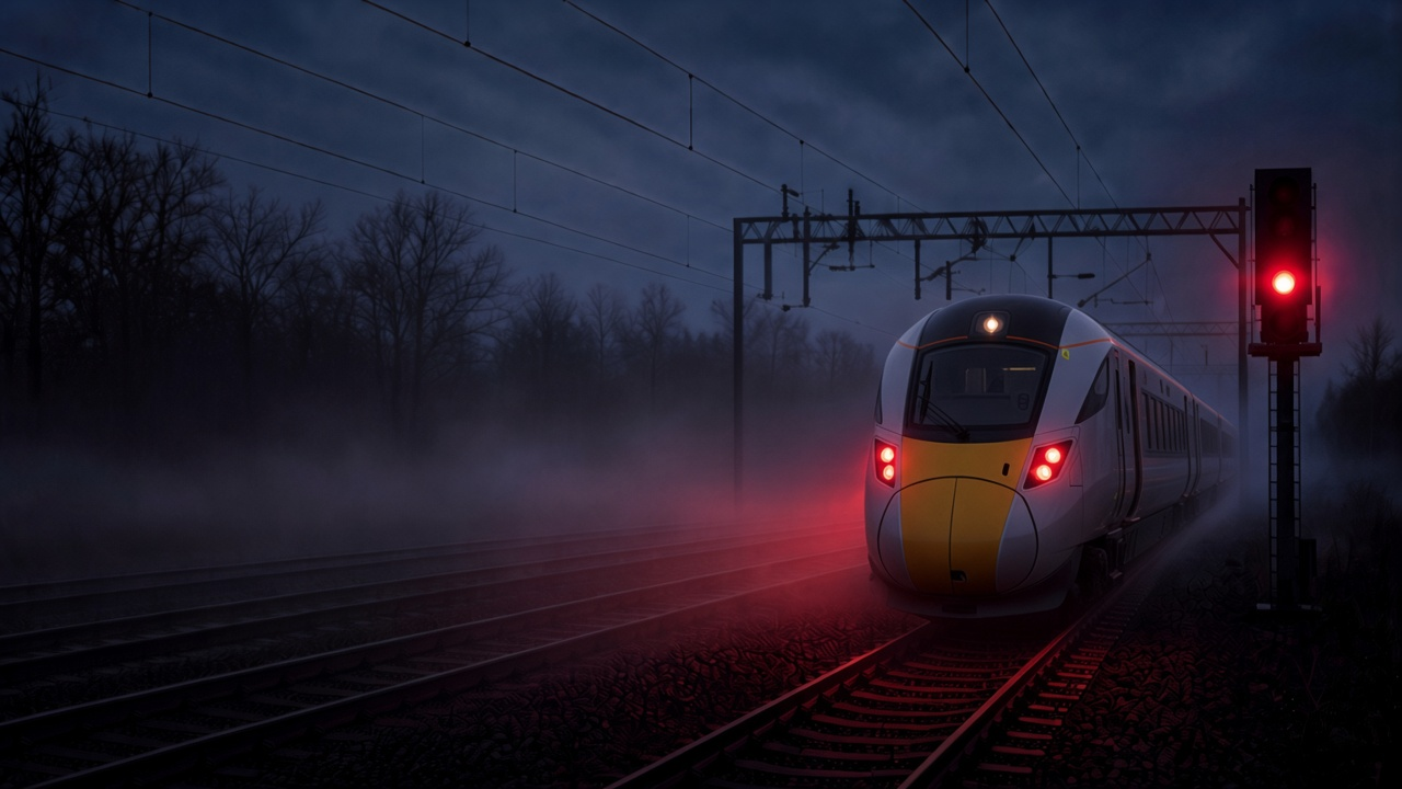 Photorealistic graphic of a Class 810-style train on the rightmost track, red taillights visible, mid-pass at a red railway signal.