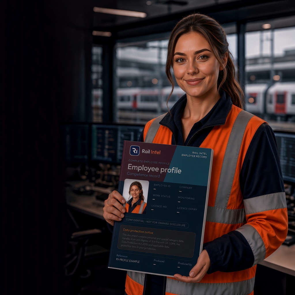 Rail professional holding a printed Rail Intel Employee Profile brochure, matching the full-colour record layout.
