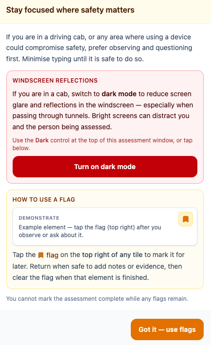The cab safety notice: switch to dark mode to reduce windscreen glare in tunnels.