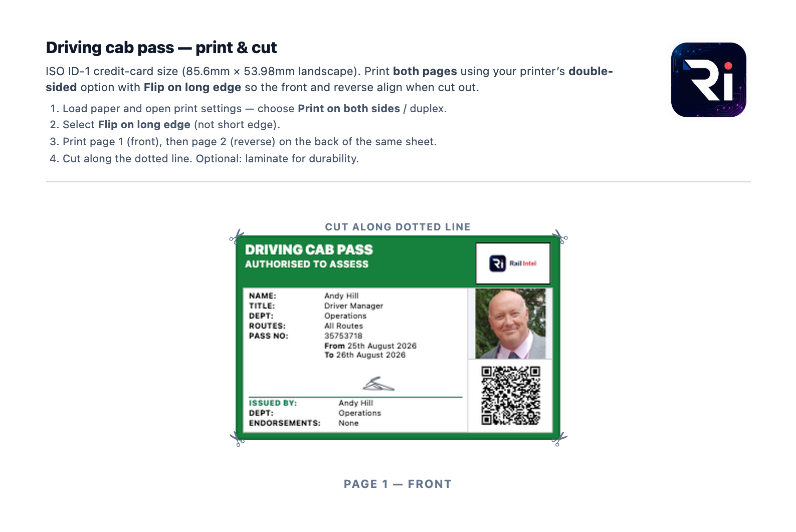 A4 print preview page 1 showing the front of the driving cab pass with cut guides