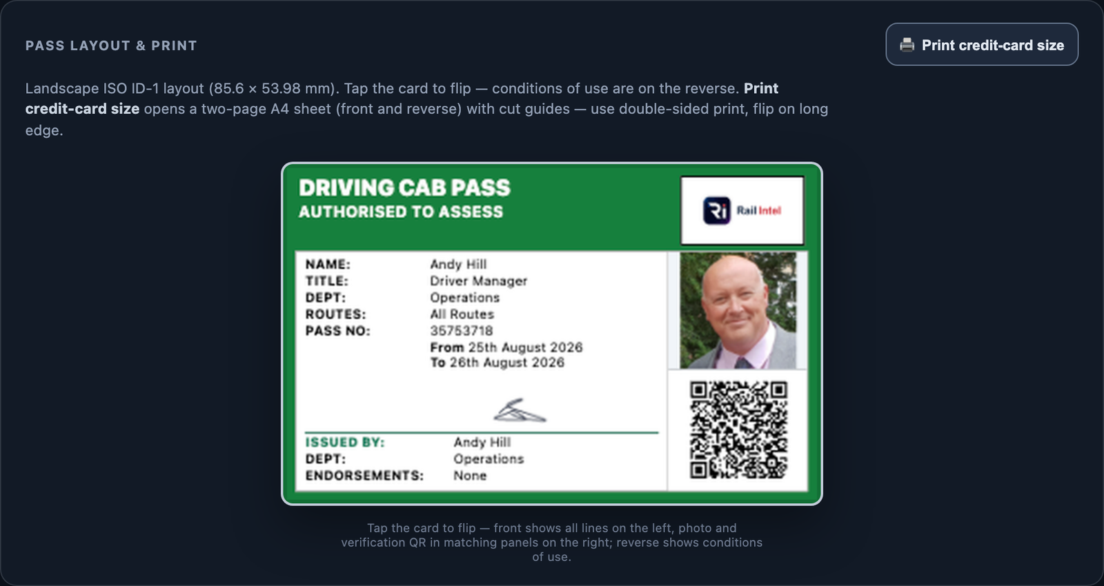 Pass layout and print panel with ISO ID-1 cab pass preview and Print credit-card size button