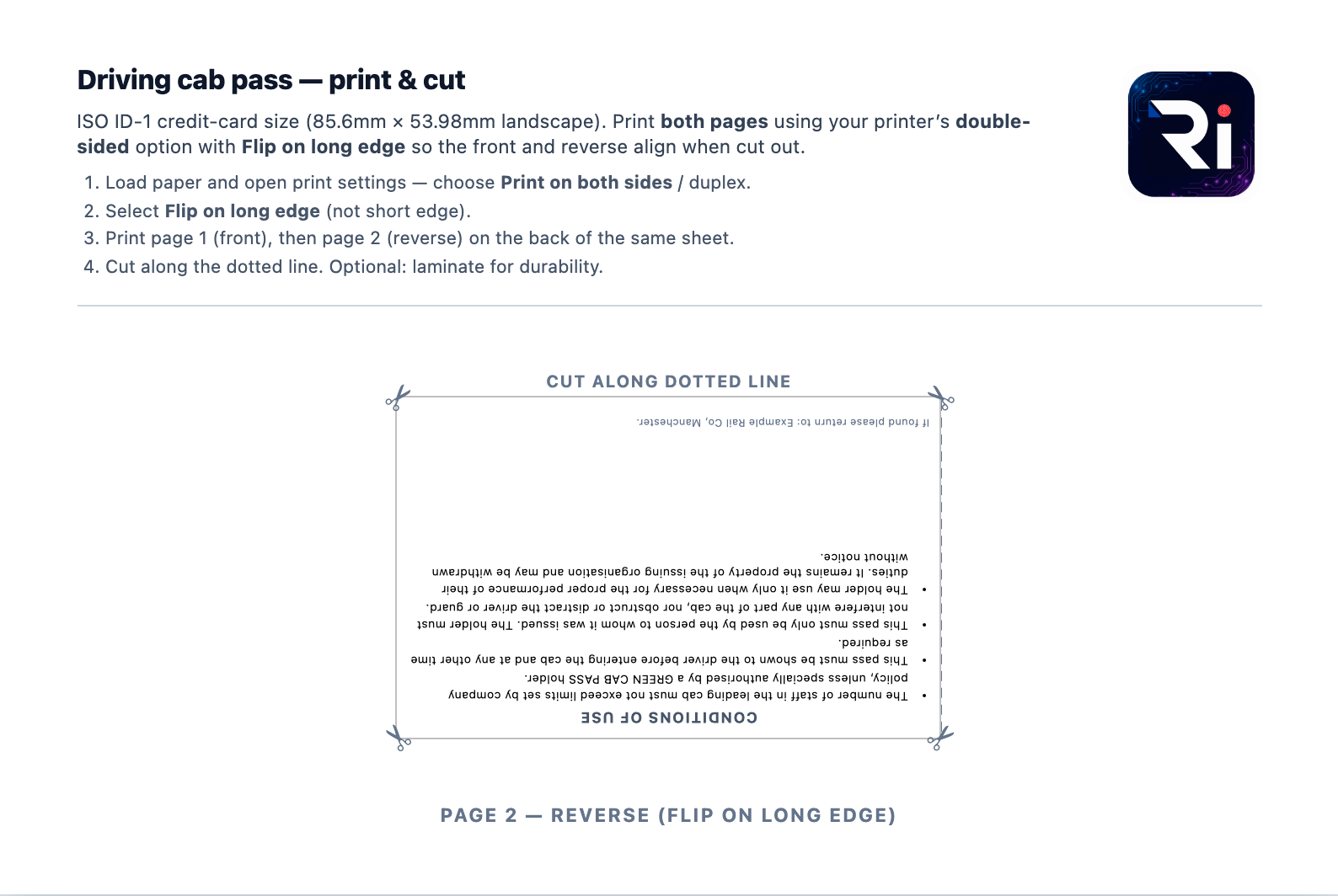 A4 print preview page 2 showing the reverse conditions of use rotated for flip on long edge