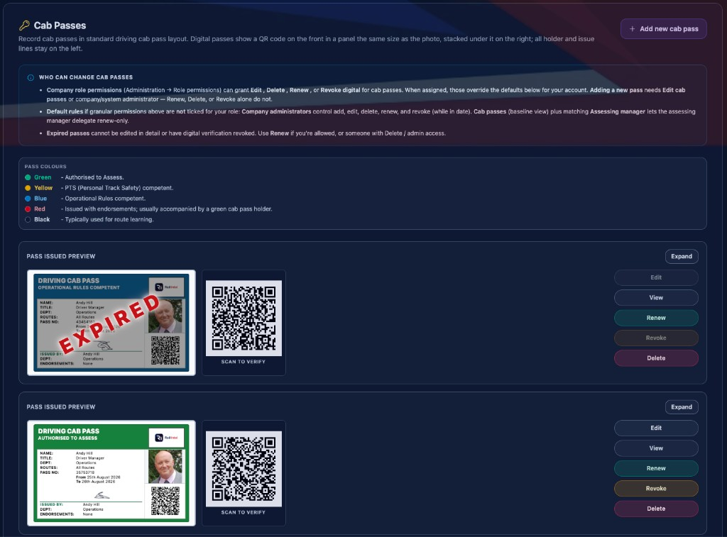 Two digital passes on the employee Cab Passes tab, including an expired blue pass and a live green assess pass