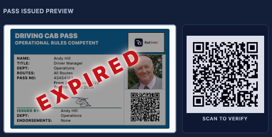 Expired blue driving cab pass with SCAN TO VERIFY still available for audit