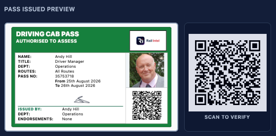 Issued green driving cab pass with SCAN TO VERIFY QR