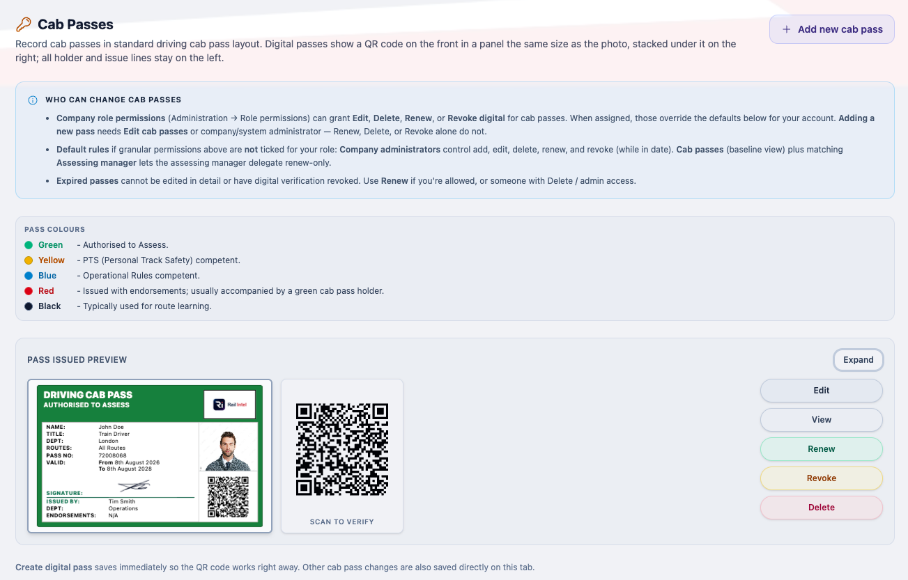 An issued pass with its validity and status.