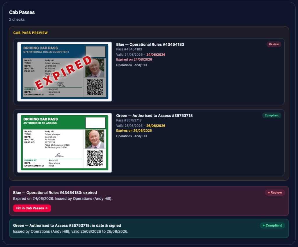 Cab Passes on the verification report: expired blue pass for review, green assess pass compliant