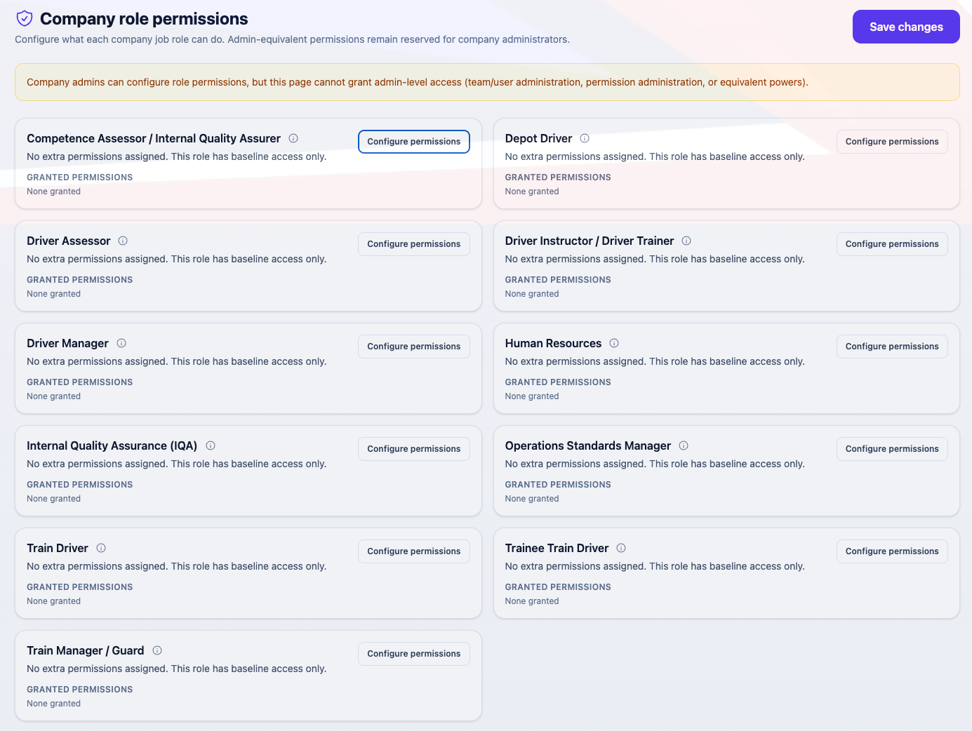 Configuring permissions for a company role.