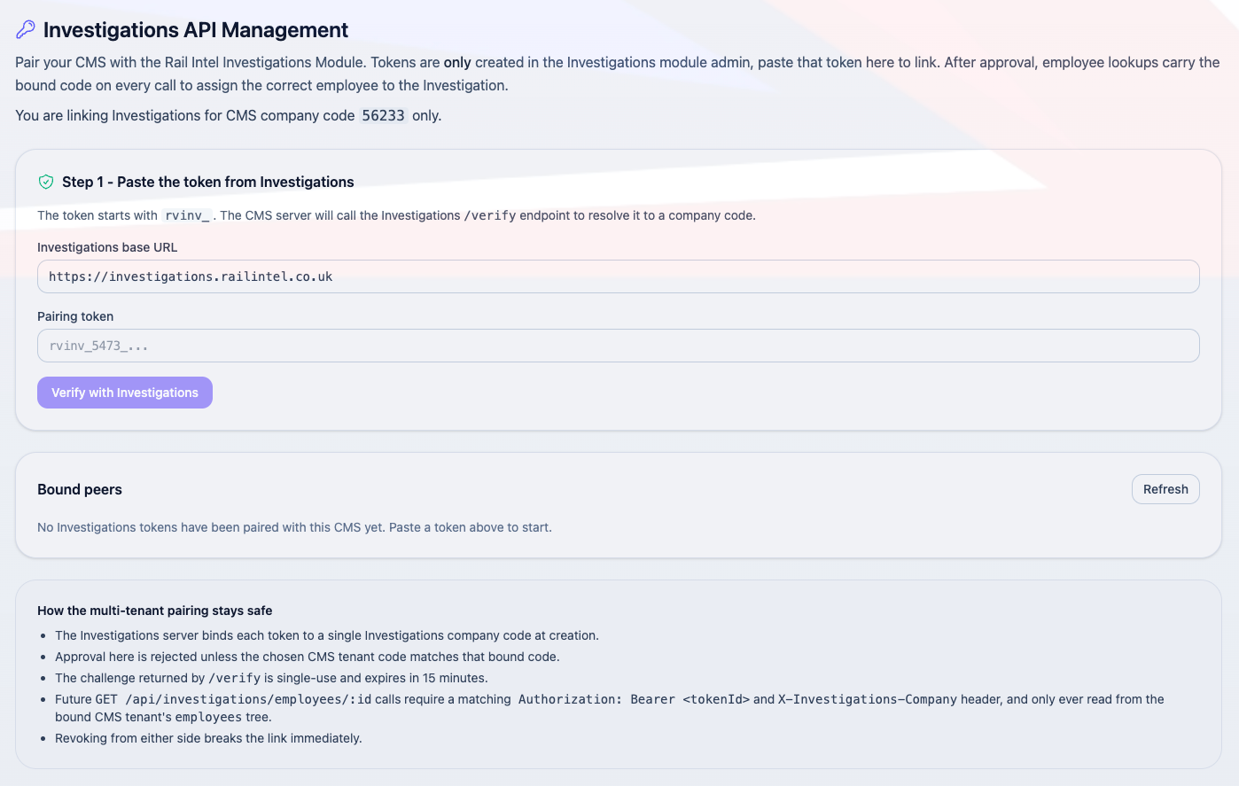 Investigations API connector management.