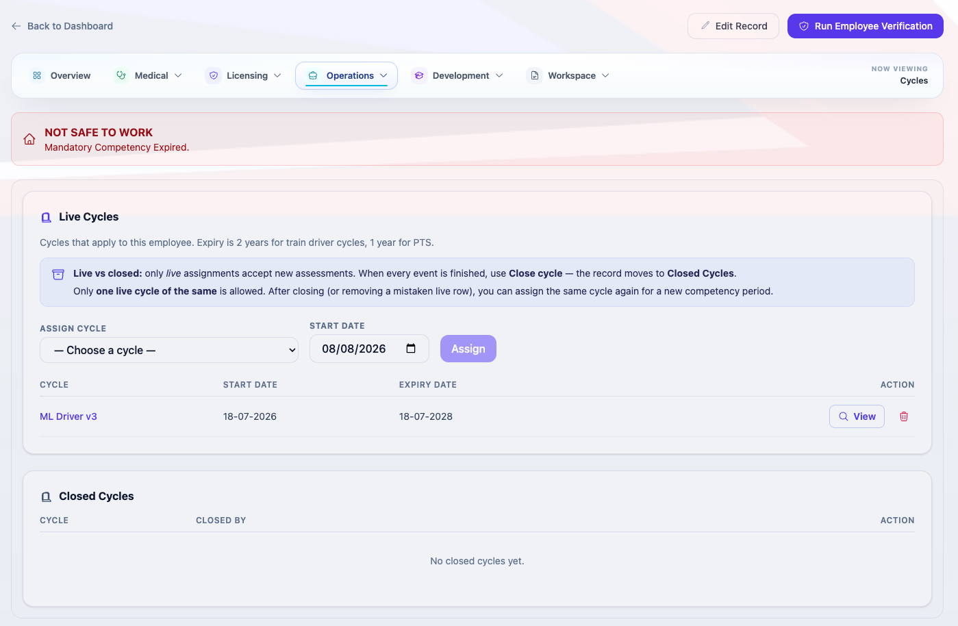 Live cycles on an employee record with start and expiry dates.