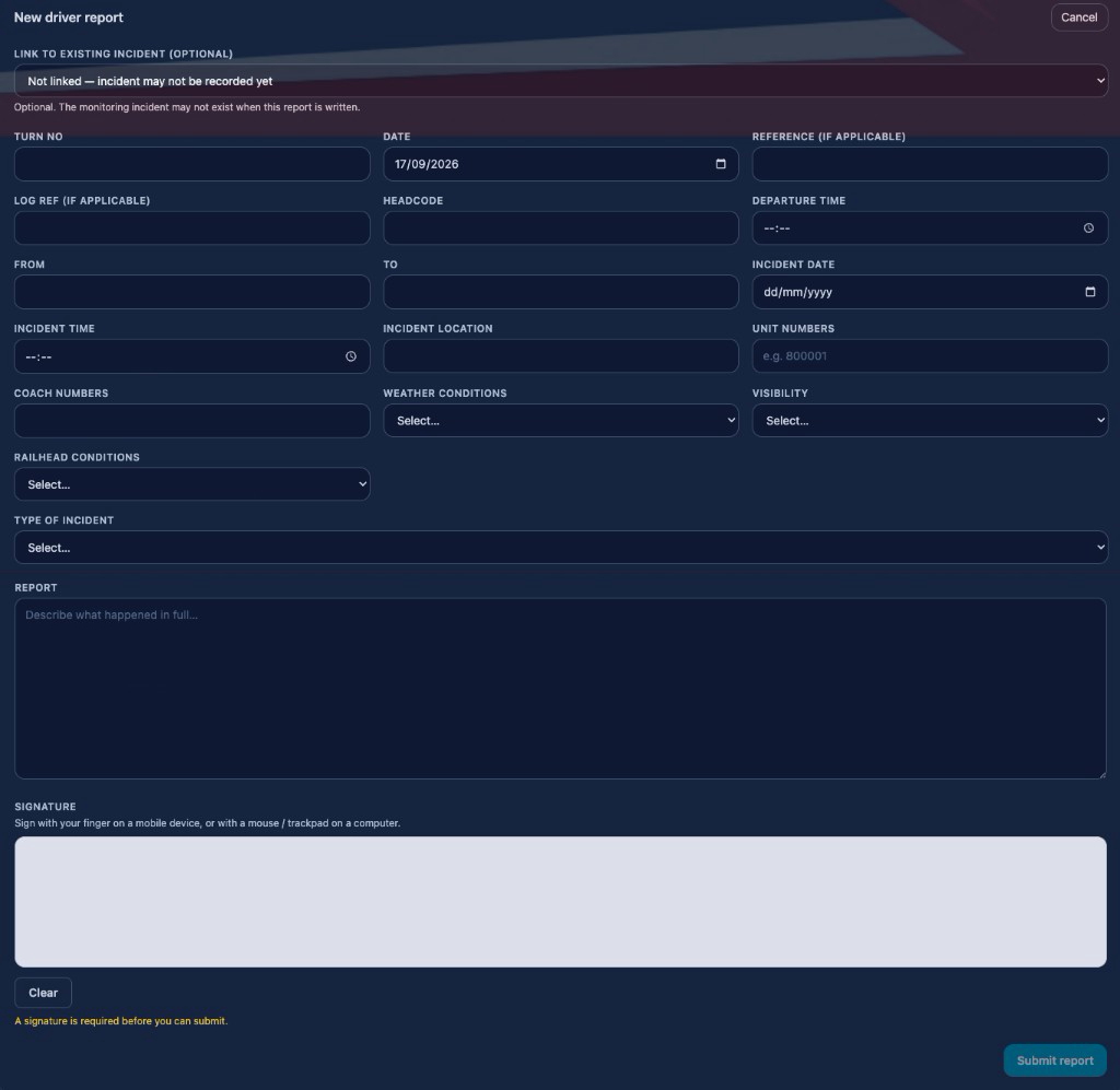 The report form captures operational context as structured fields — turn, headcode, conditions, narrative and signature.