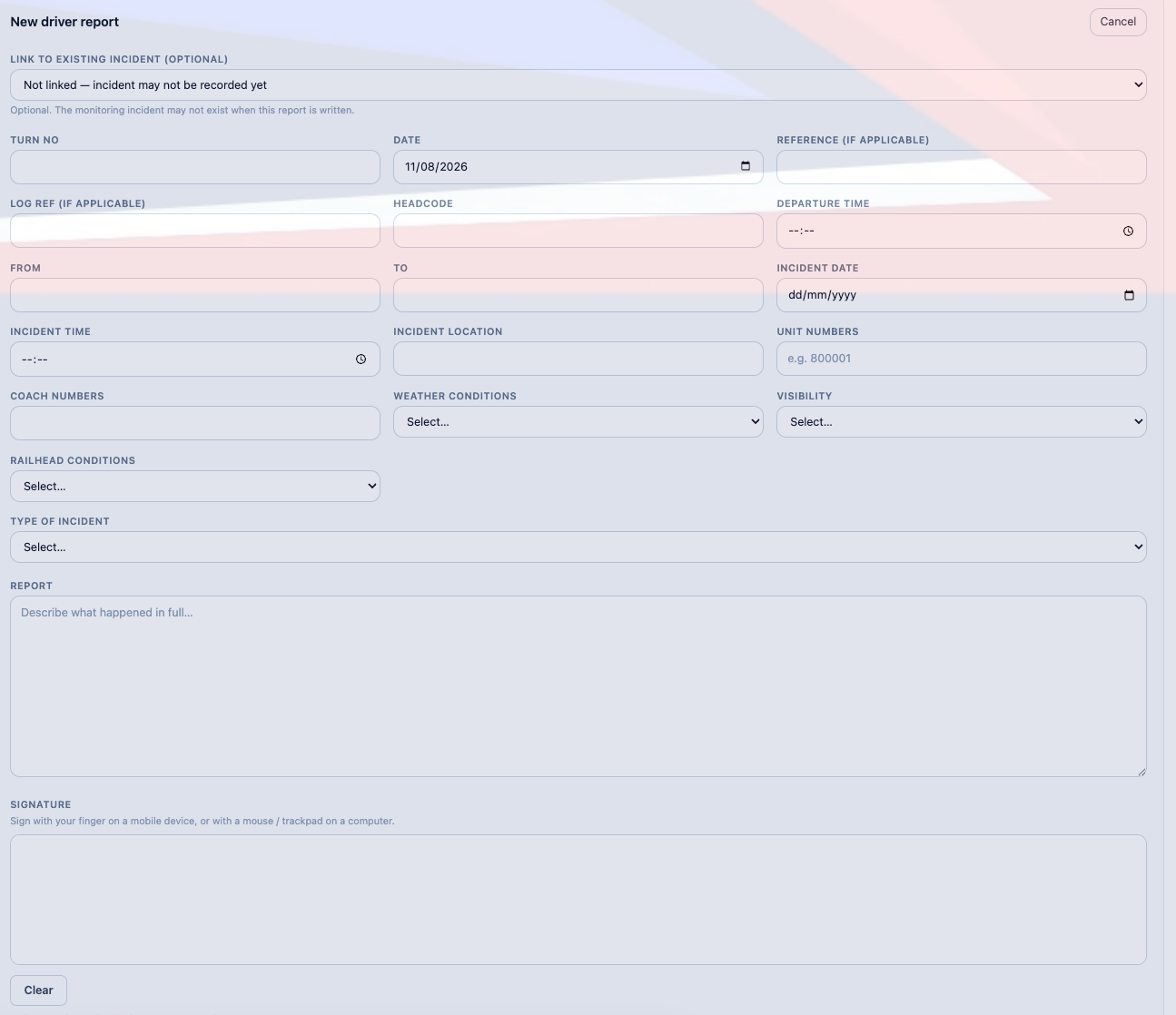 The report form captures operational context as structured fields.
