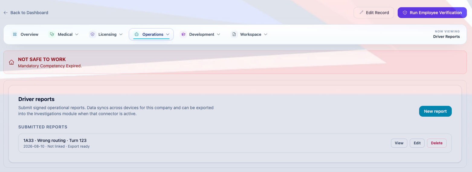 Company-wide overview of submitted driver reports.
