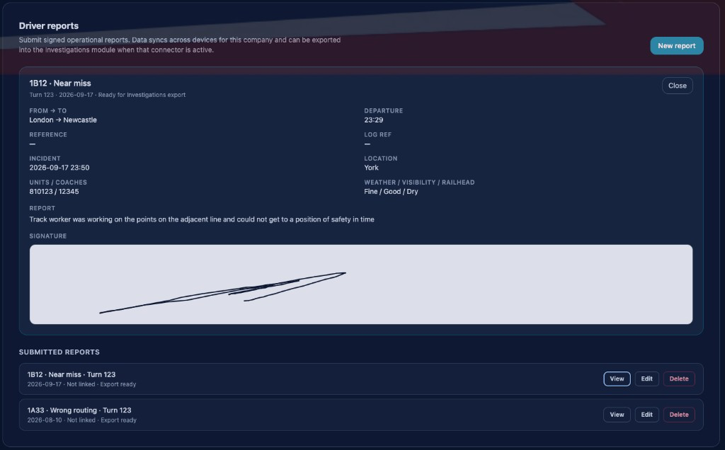 A submitted report as it is retained against the driver's record.