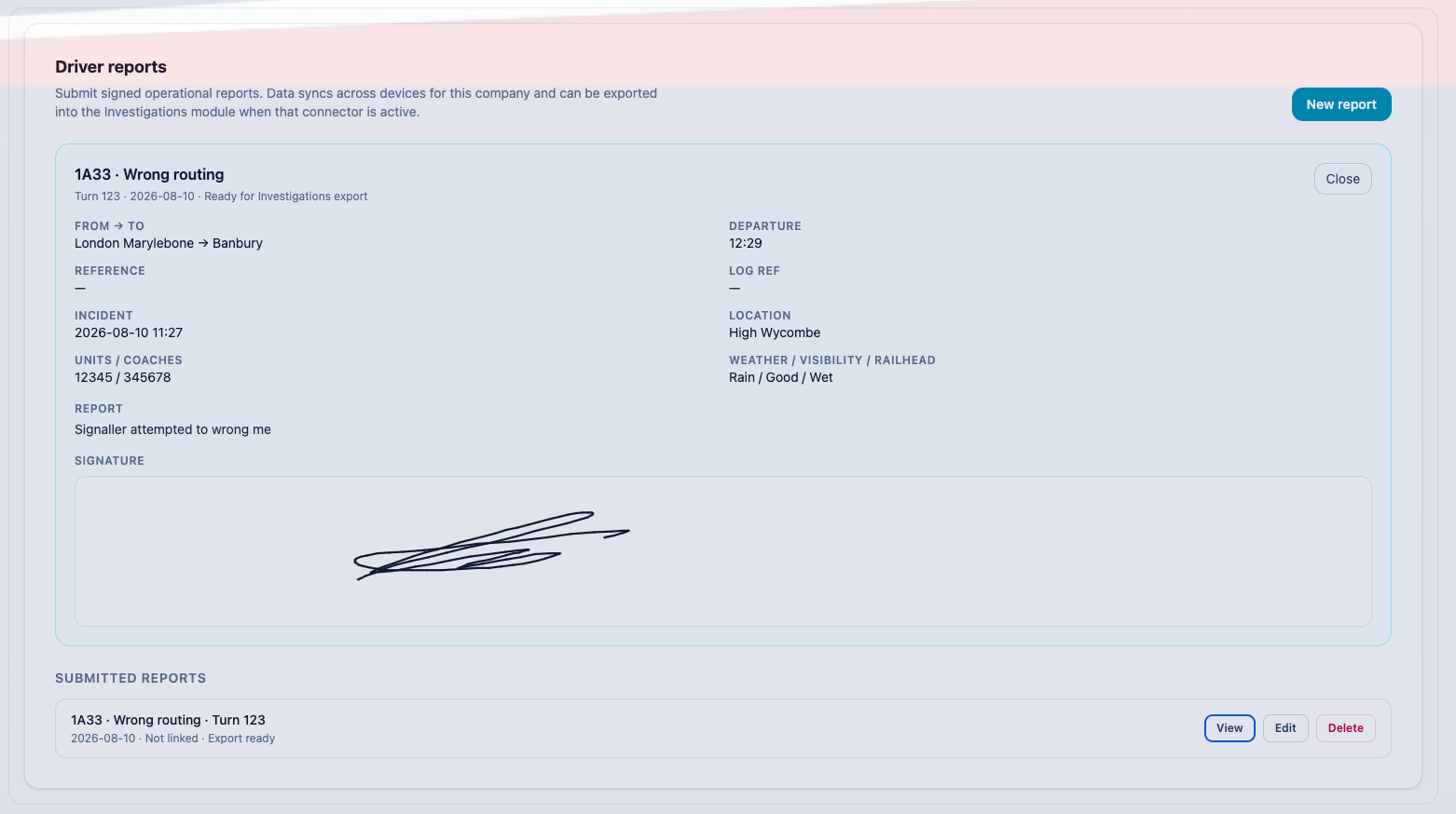 A submitted report as it is retained against the driver's record.