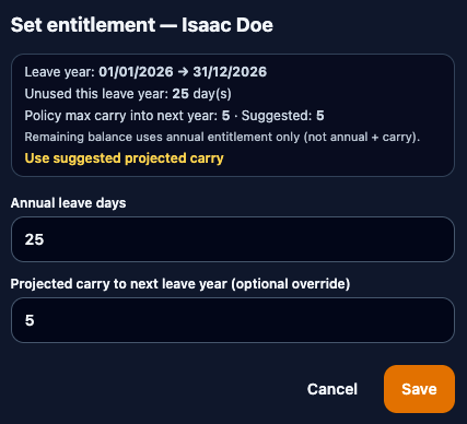 Set entitlement with carry-over projection.