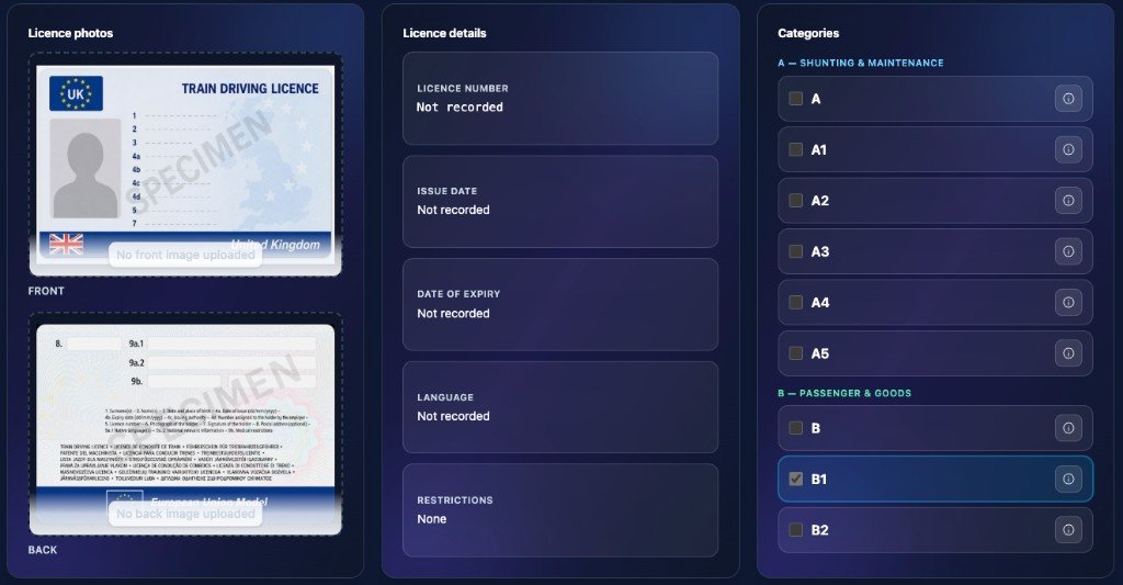 Train driving licence with front and back images, details and categories carried.