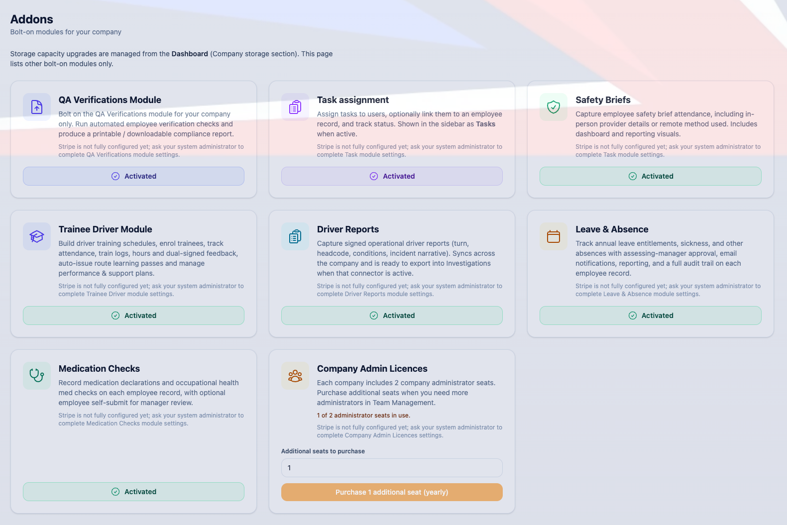 The Add-ons page where optional modules are activated.