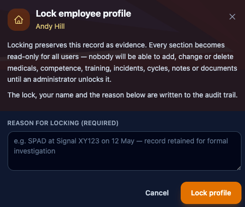 The lock confirmation — a reason is required before the record is preserved as evidence.