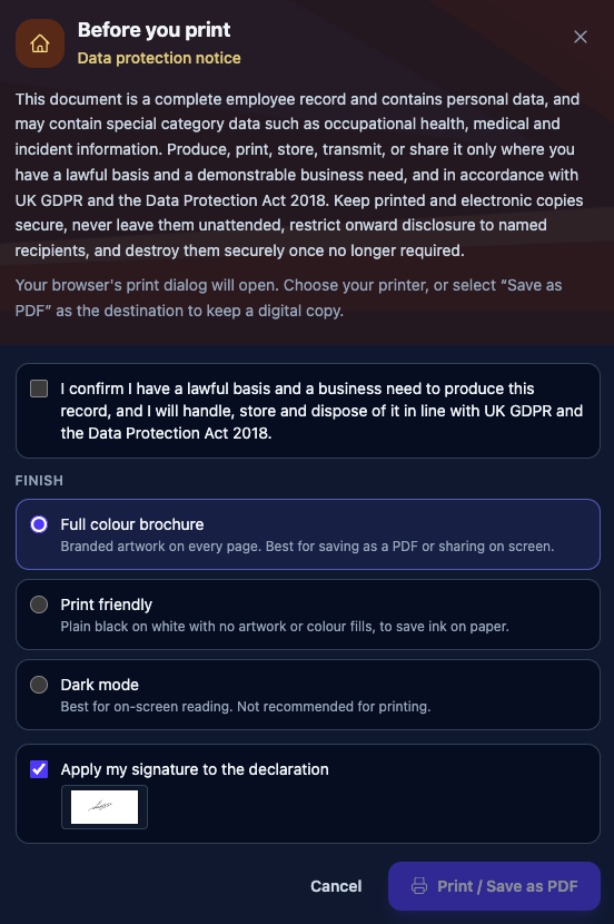 Data protection notice shown before printing an employee profile.