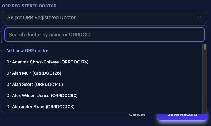 ORR registered doctors held in the same way, searchable by name or ORRDOC code.