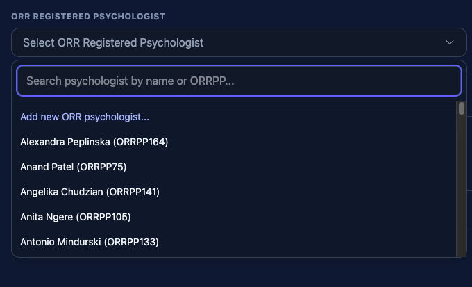ORR registered psychologists, searchable by name or ORRPP code, with the option to add a new appointment.