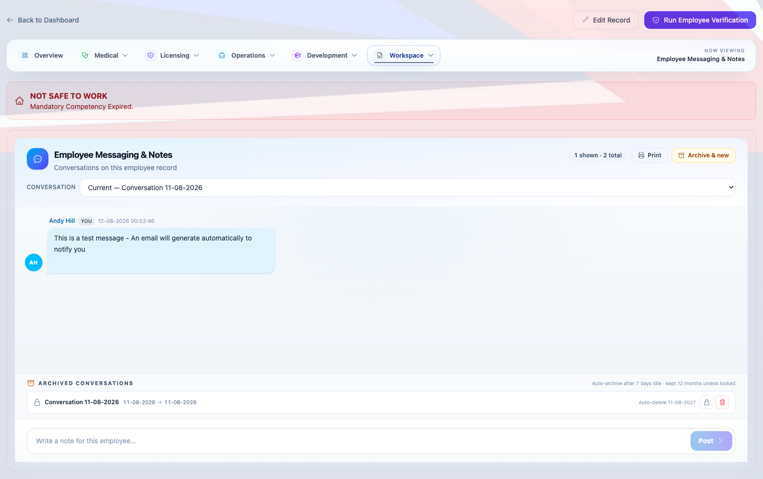 Messaging threads held against the employee record.