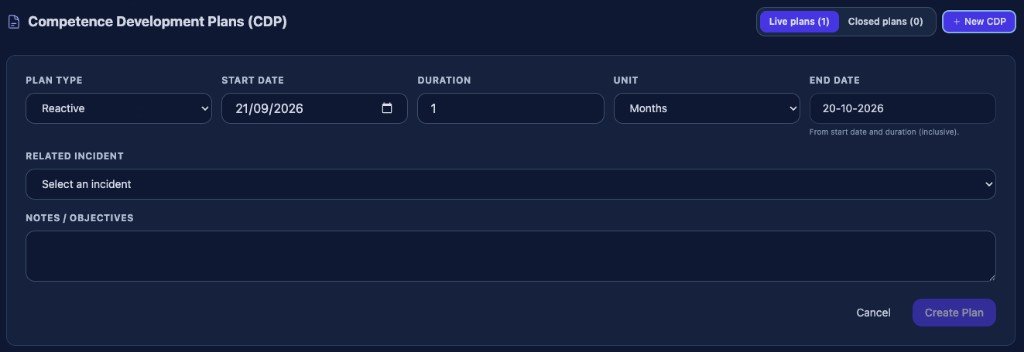 Create a new competence development plan from the Monitoring tab.