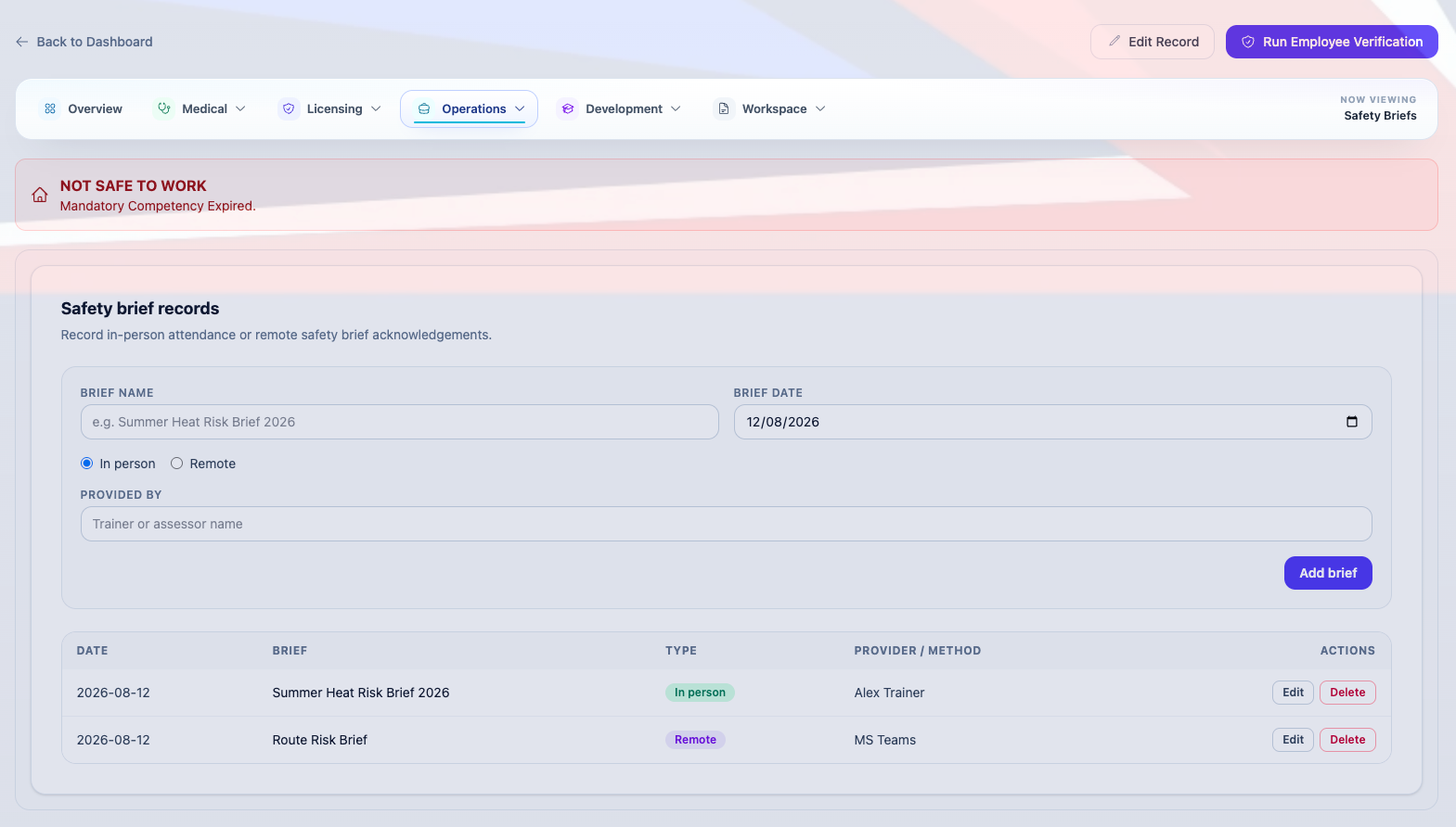 Safety brief history on an employee record, showing delivery method and provider.