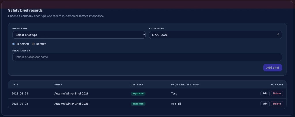 Safety brief records in dark mode — choose a brief type and record in-person or remote attendance.