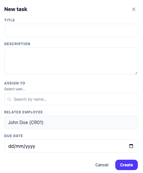 Creating a task: title, assignee, linked employee and due detail.