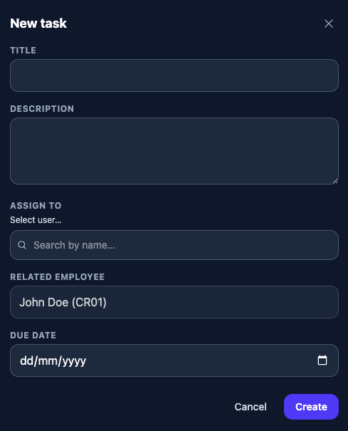 Creating a task: title, assignee, linked employee and due detail.