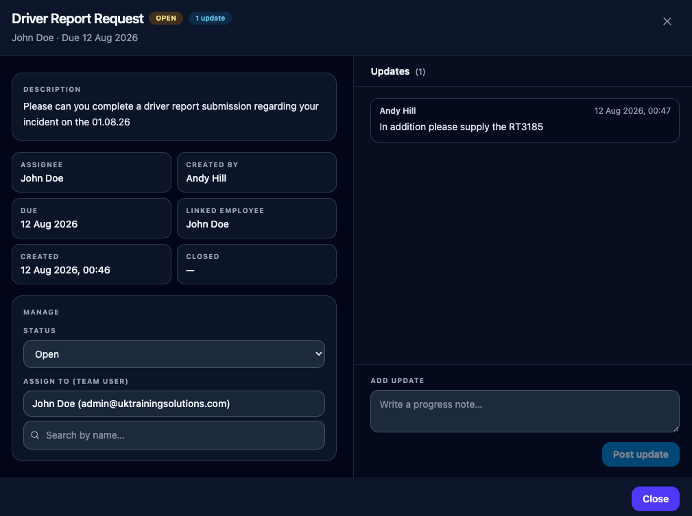 Opening a task shows its detail, history, reassignment and the record it relates to.