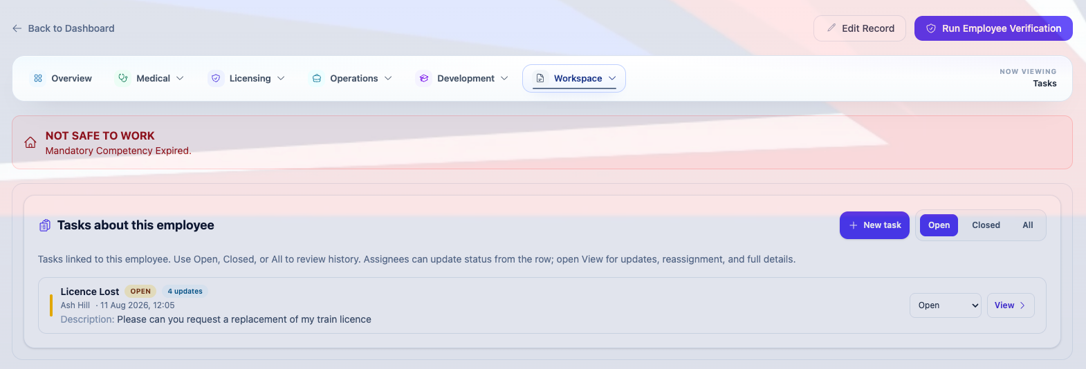 Company-wide task list with assignee, linked employee and current status.