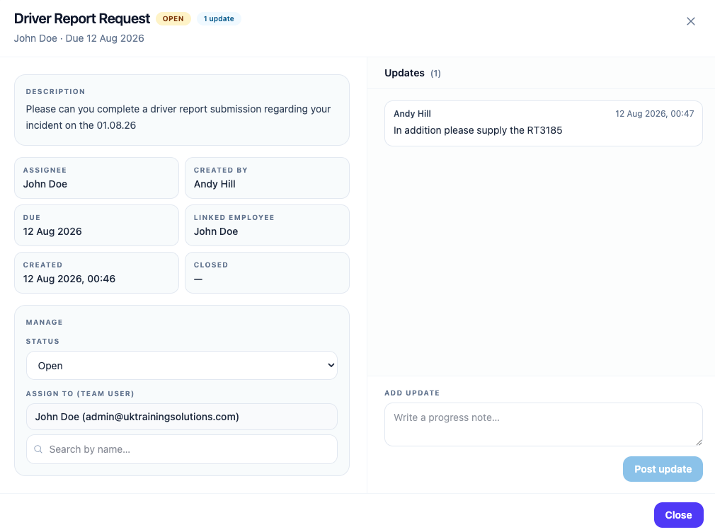 Opening a task shows its detail, history and the record it relates to.