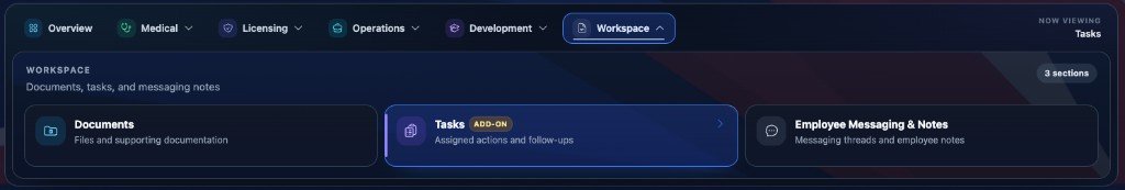 Workspace navigation with Documents, Tasks add-on and Employee Messaging & Notes.