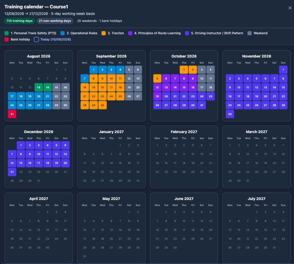Training calendar with modules, weekends and bank holidays marked.