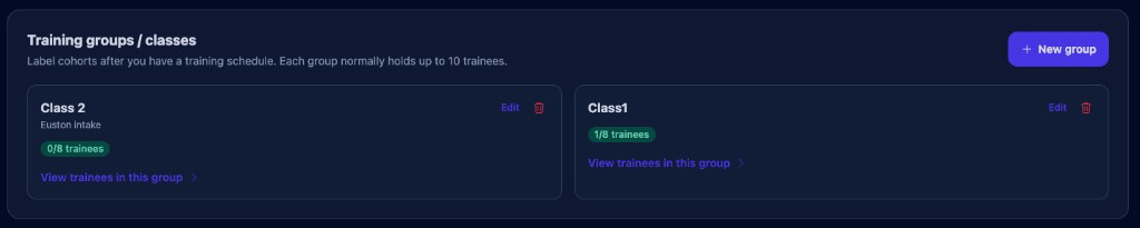 Training groups with capacity badges and trainee lists.