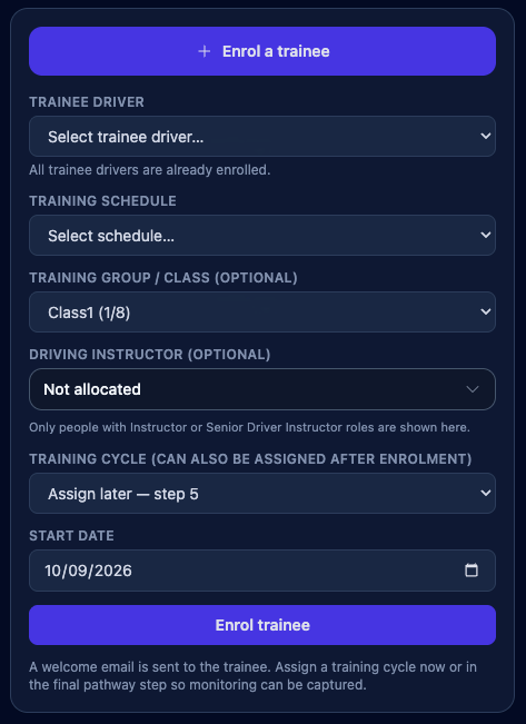 Enrol a trainee — schedule, group, instructor, cycle and start date.