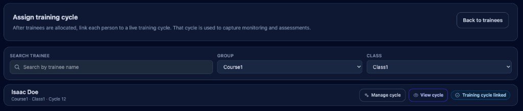 Assign and manage training cycles per trainee.