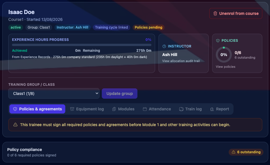 Trainee portfolio with progress, instructor, policies and module tabs.