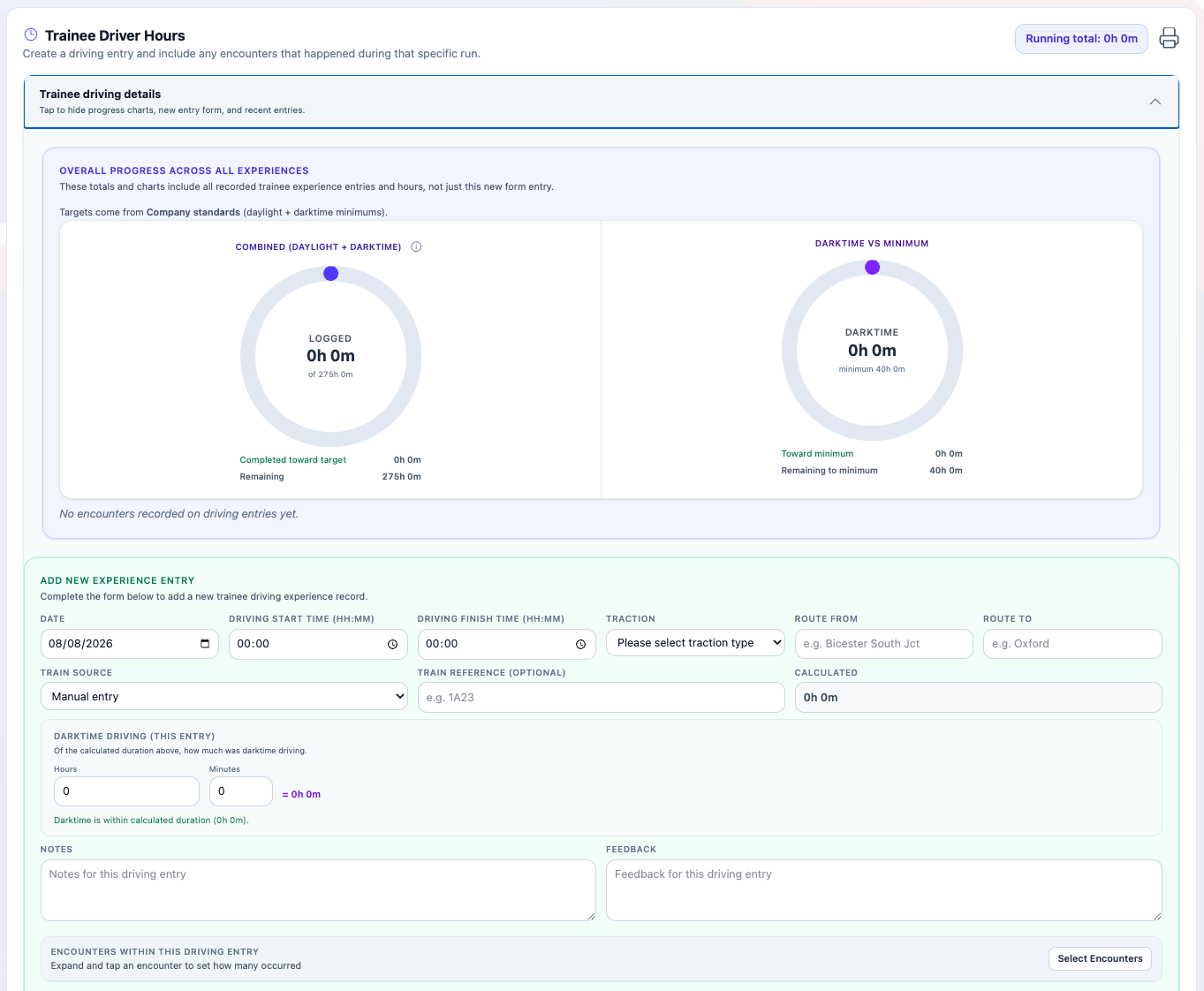 Experience records with trainee hours against the company standard.