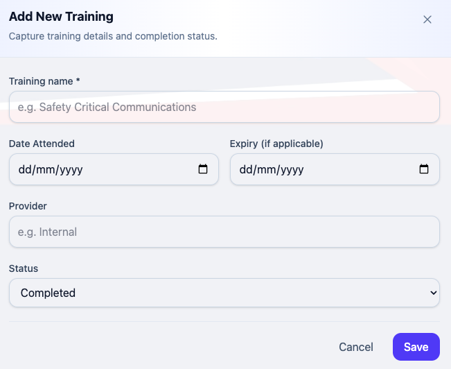 Adding a training record.