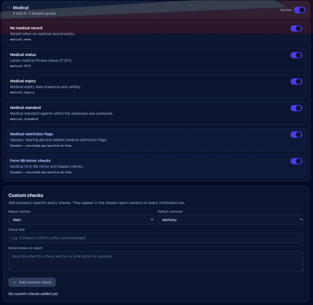 Medical checks expanded and custom company policy checks on the configuration page.