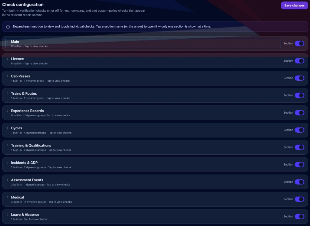 Check configuration overview with every verification section listed.