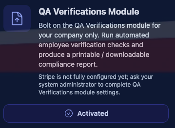QA Verifications Module tile on the Add-ons page with an Activate control.