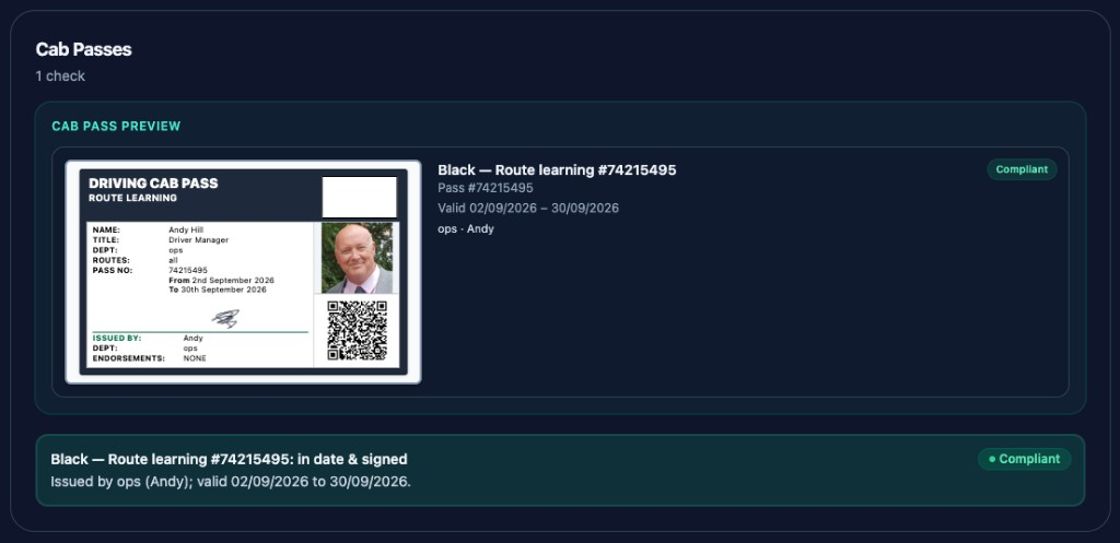 Cab passes section showing a compliant black route-learning pass preview.
